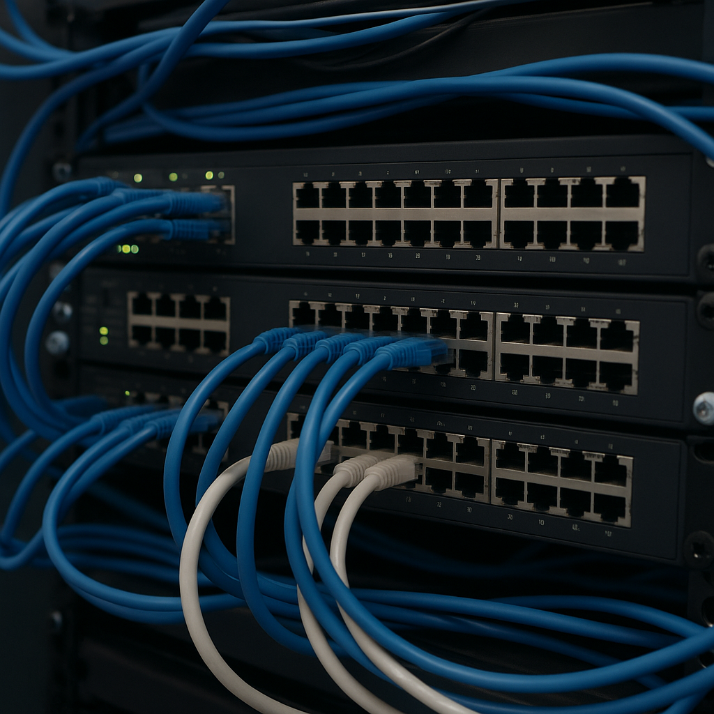 Professional network infrastructure with organized blue ethernet cables and server equipment